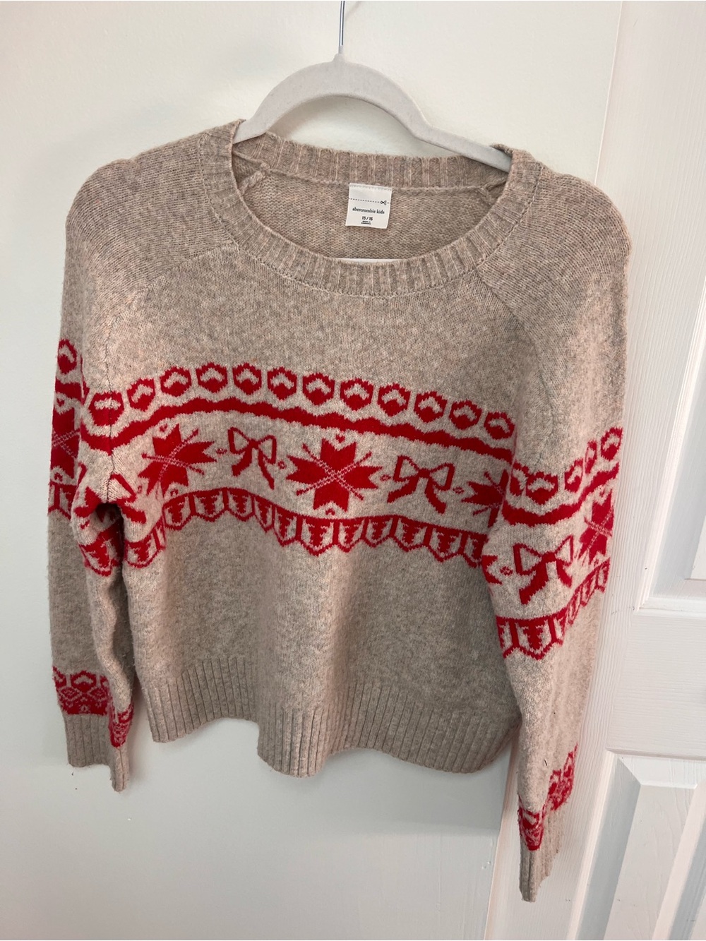 abercrombie kids Beige Crewneck Sweater with Red Fair Isle Pattern